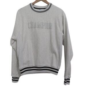Champion Women Sz S Gray Reverse Weave Crewneck Sweatshirt Ribbed Stripes